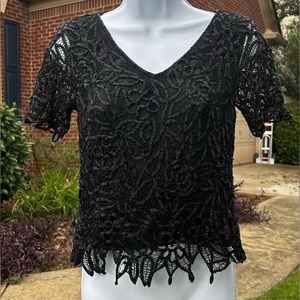 Women’s Silken Poetry Black Crochet Silk Vintage Blouse Size Small With Beads